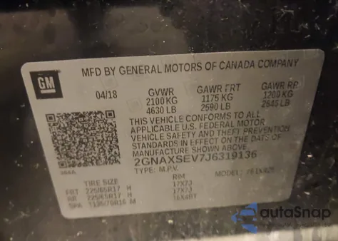 2018 Chevrolet Equinox Lt z USA, uszkodzony, nr VIN 2GNAXSEV7J6319136